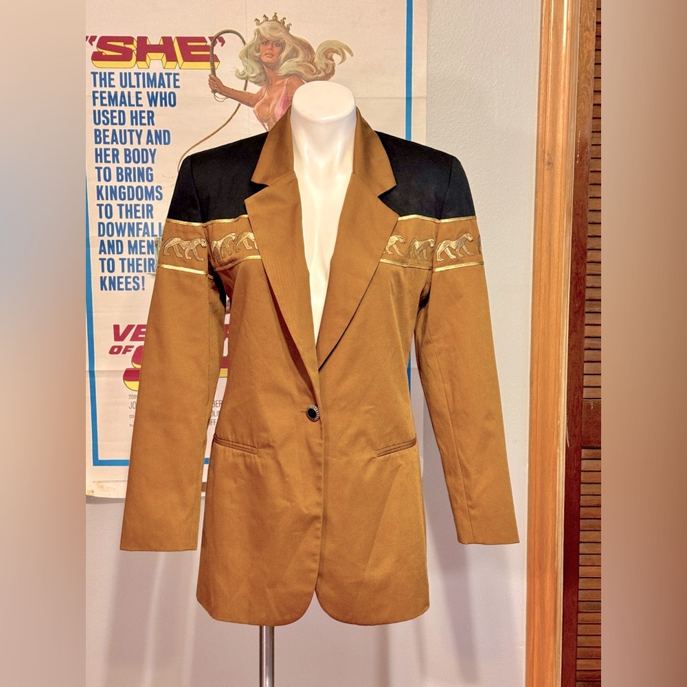 Vintage 1994 Stephanie Queller USA Colorblock Tan/Gold/Black Jaguar jacket